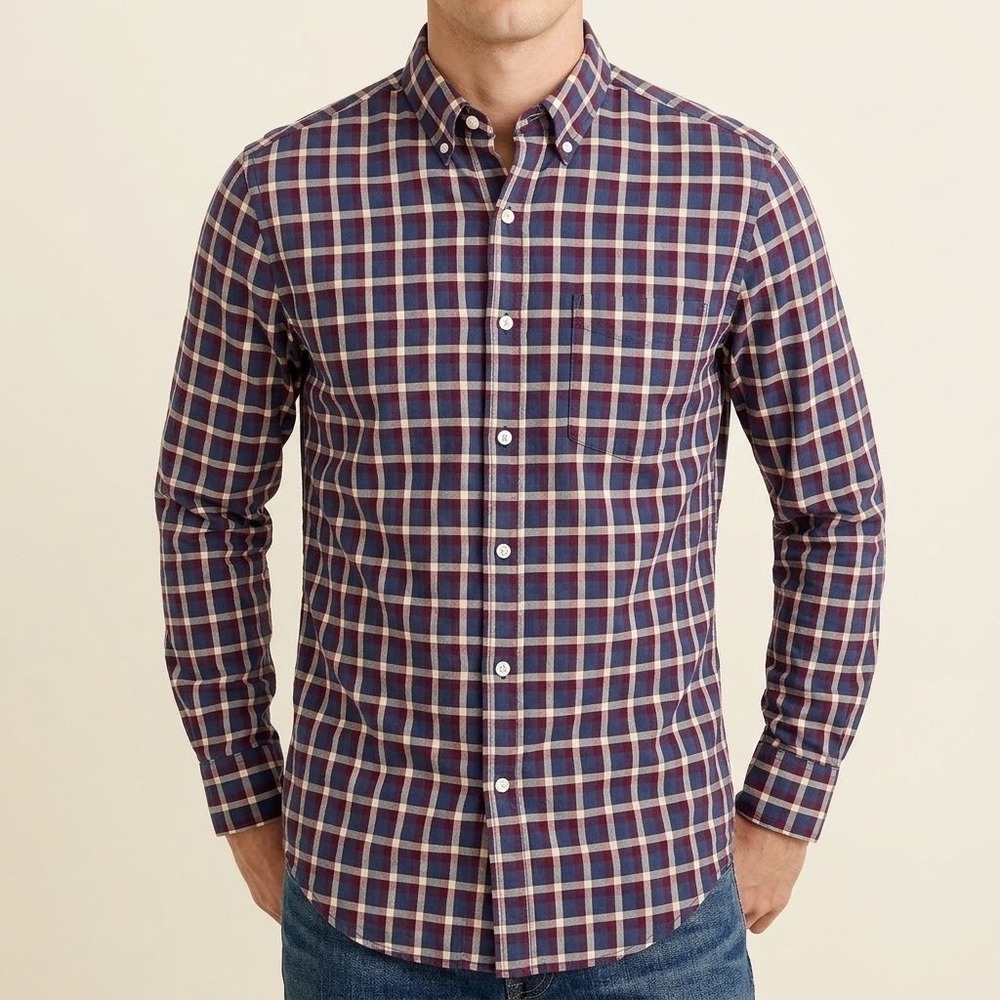 J.Crew Flex Washed Burgundy Plaid Button Up Shirt Mens‎ Medium EUC